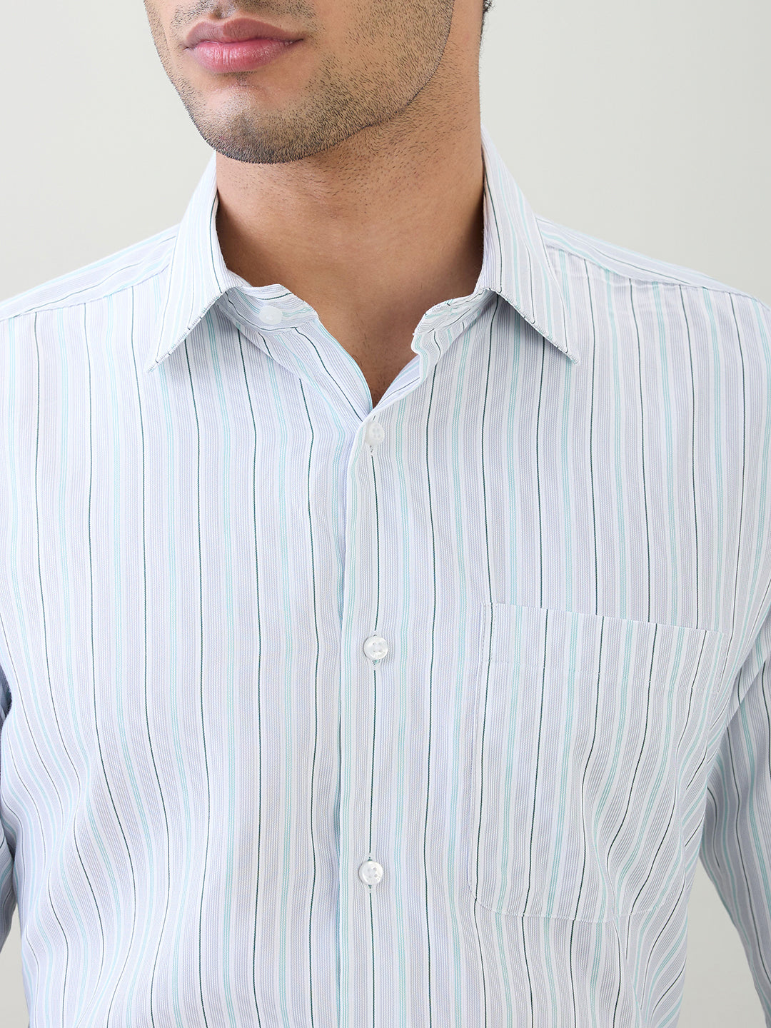 Raymond Men Grey Stripe Contemporary Fit Bamboo Blend Full Sleeve Formal Shirt