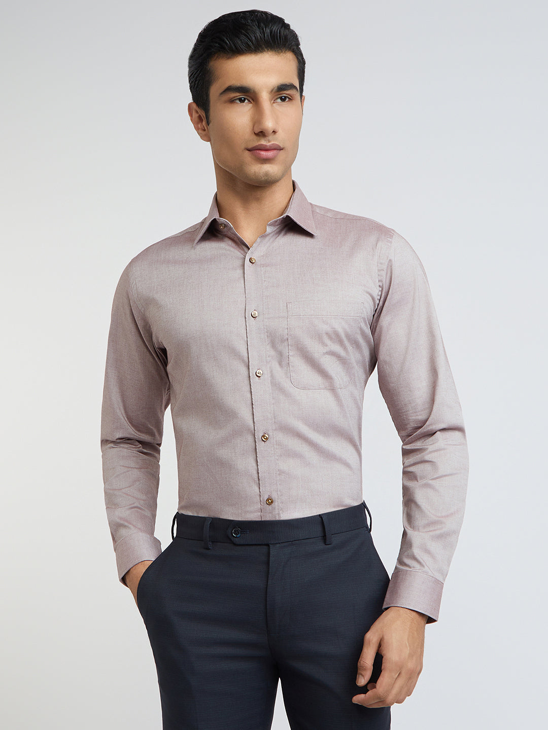 Raymond Brown Solid Slim Fit Full Sleeve Cotton Shirt