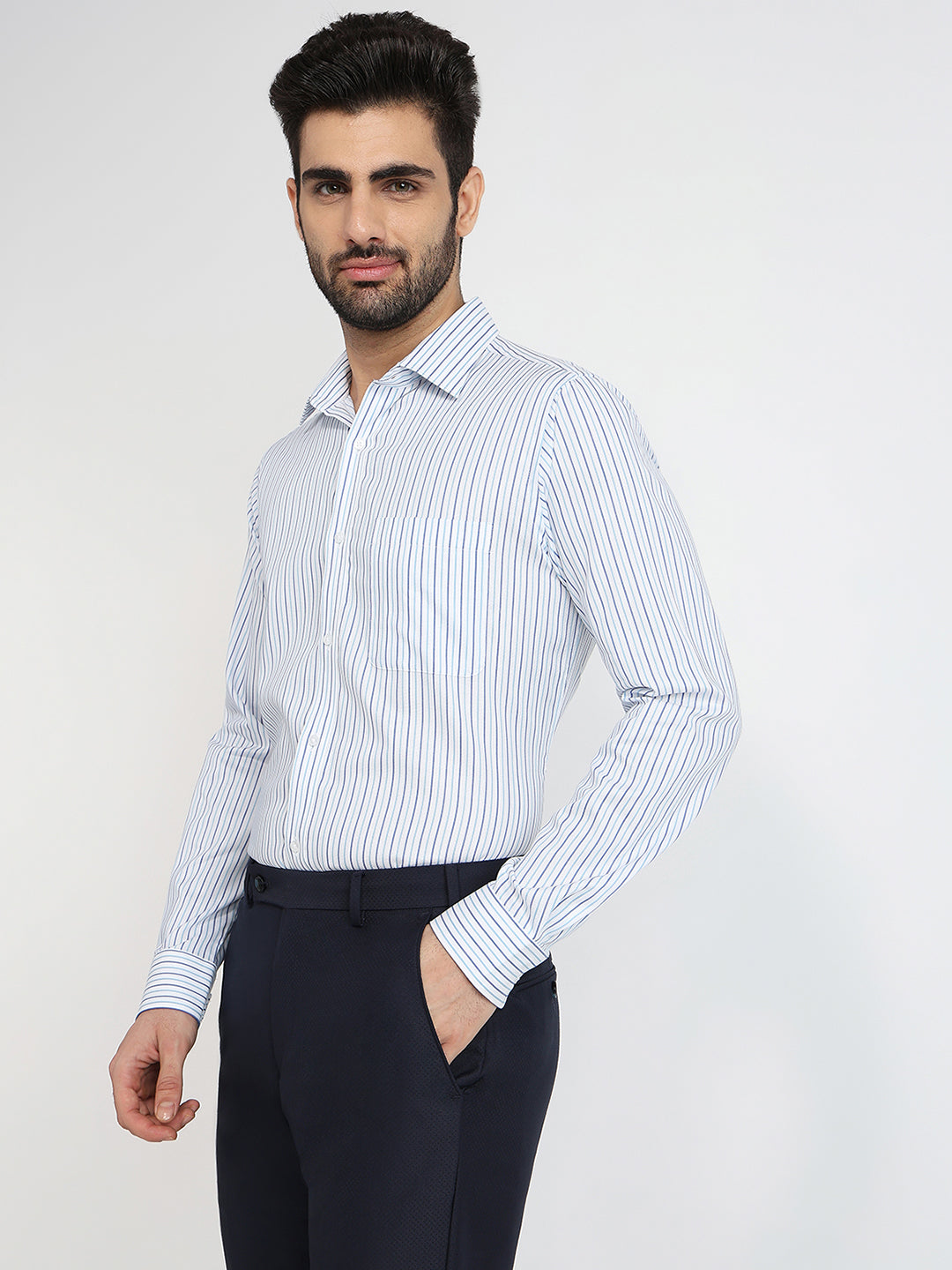 Raymond Men Blue Stripe Slim Fit Cotton Formal Shirt