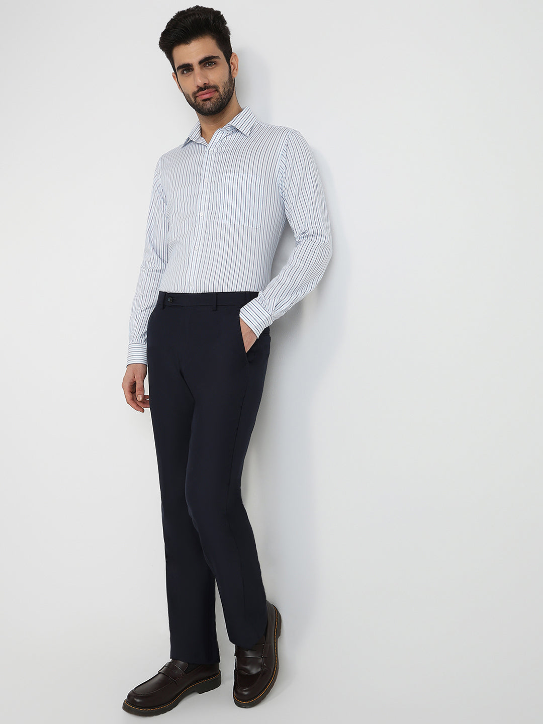 Raymond Men Blue Stripe Slim Fit Cotton Formal Shirt