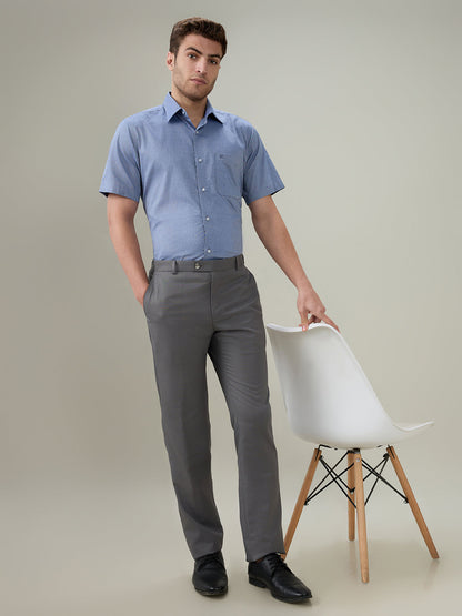 Raymond Men Blue Solid Chambray Regular Fit Cotton Half Sleeve Formal Shirt