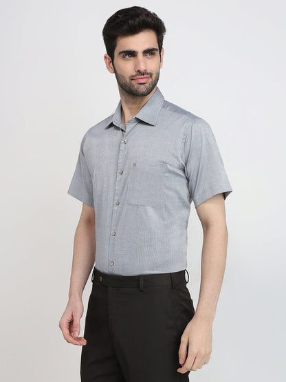 Raymond Men Grey Solid Chambray Regular Fit Cotton Half Sleeve Formal Shirt