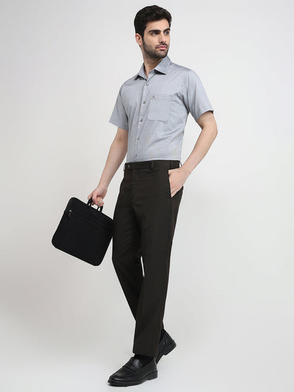 Raymond Men Grey Solid Chambray Regular Fit Cotton Half Sleeve Formal Shirt