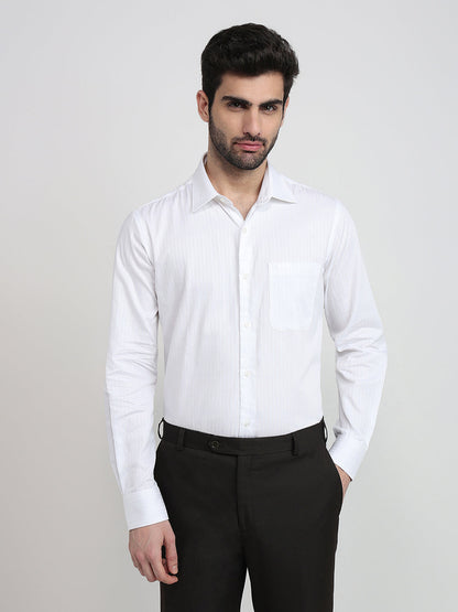 Raymond Men White Stripe Regular Fit Cotton Full Sleeve Formal Shirt