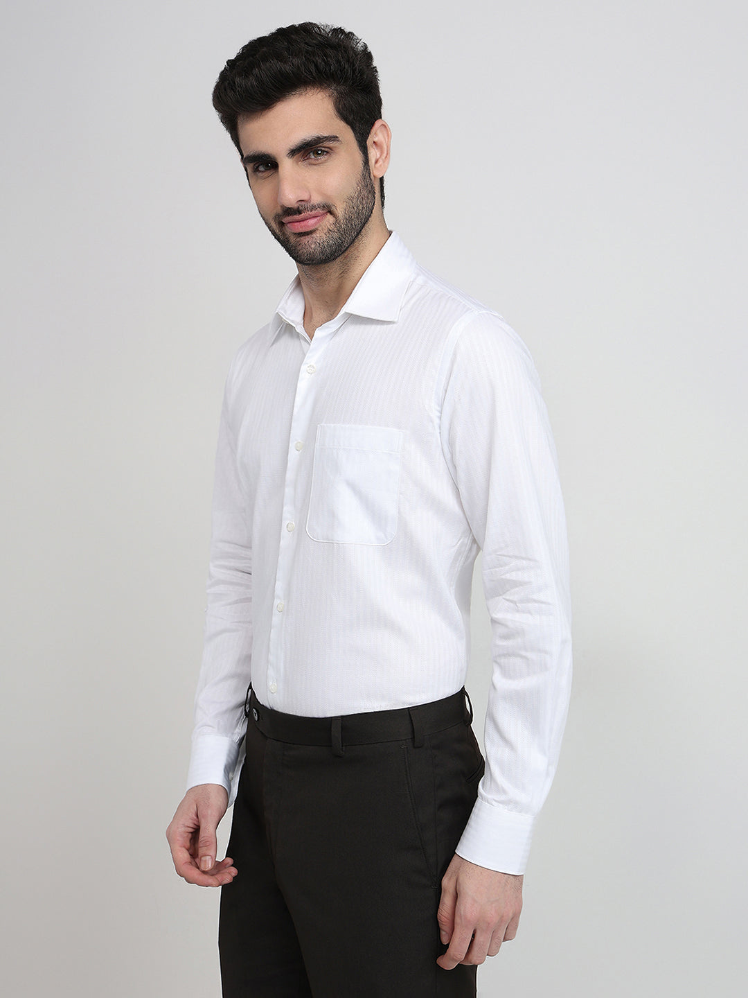 Raymond Men White Stripe Regular Fit Cotton Full Sleeve Formal Shirt