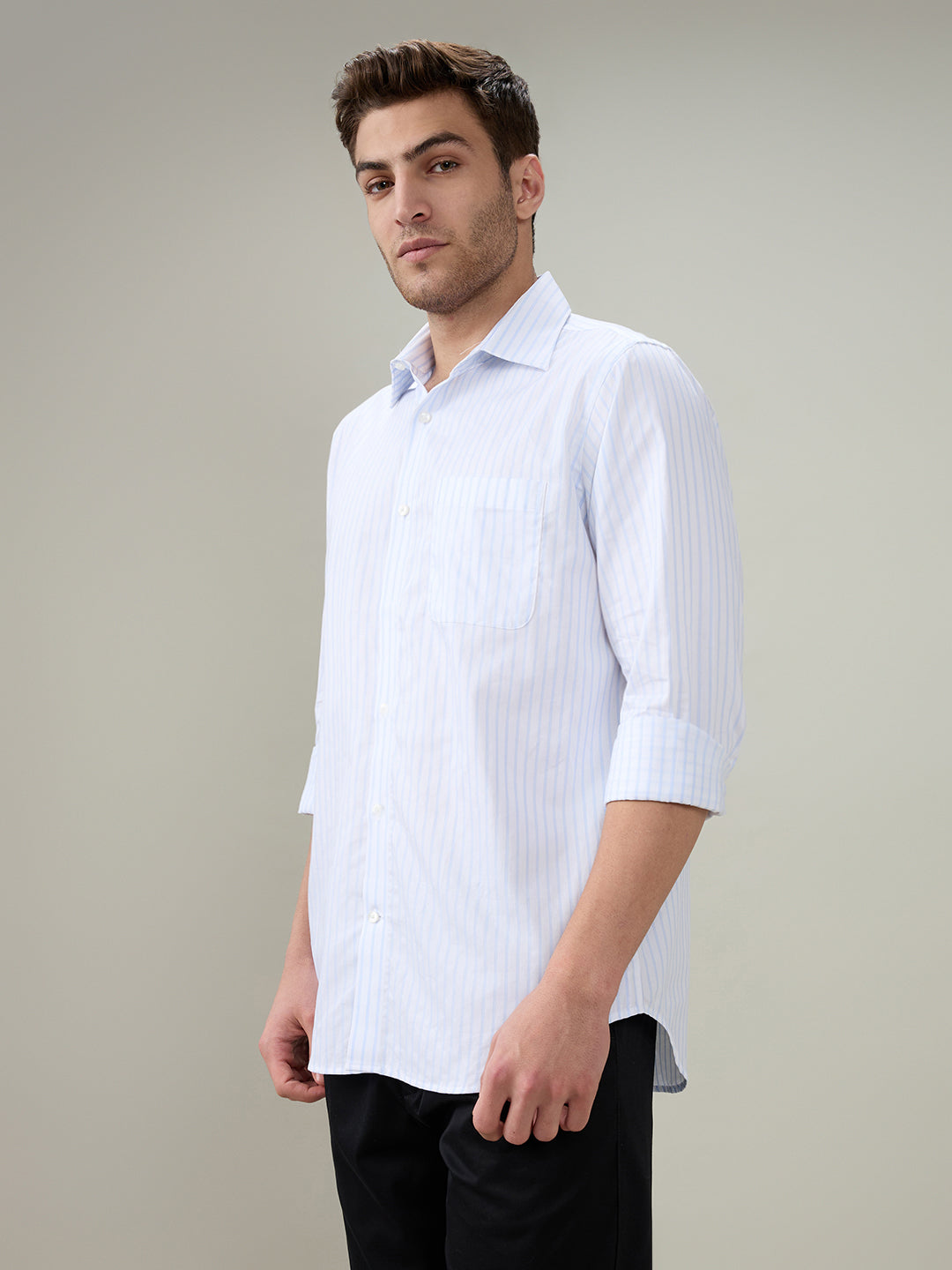 Raymond Men Blue Stripe Regular Fit Cotton Full Sleeve Formal Shirt