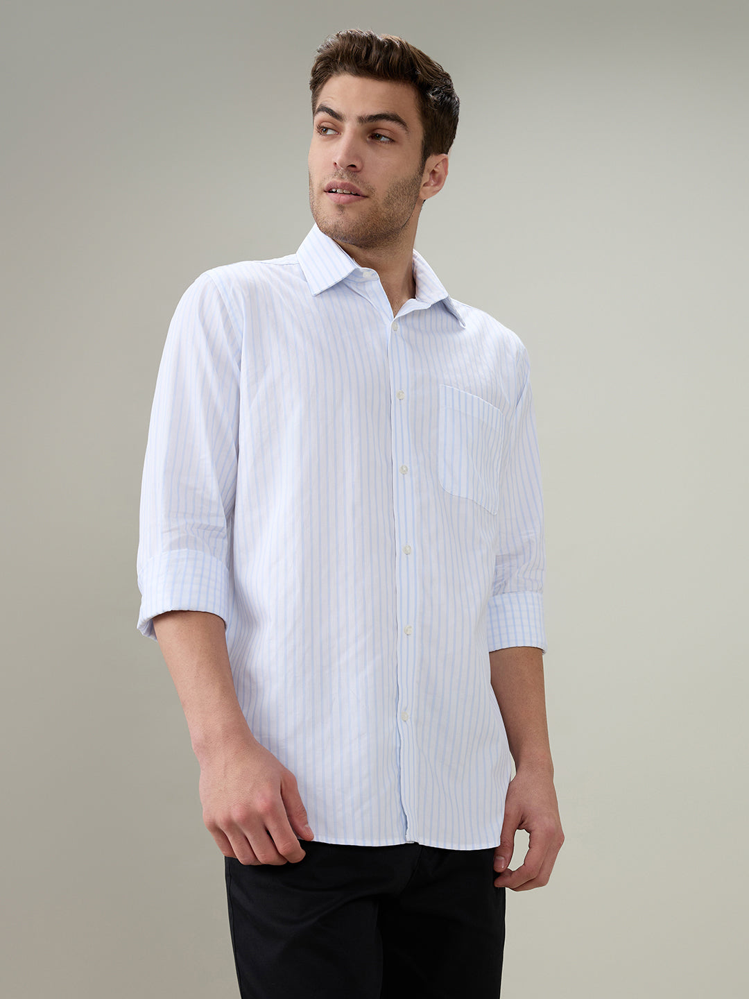 Raymond Men Blue Stripe Regular Fit Cotton Full Sleeve Formal Shirt