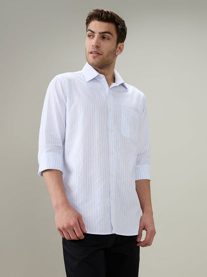 Raymond Men Blue Stripe Regular Fit Cotton Full Sleeve Formal Shirt