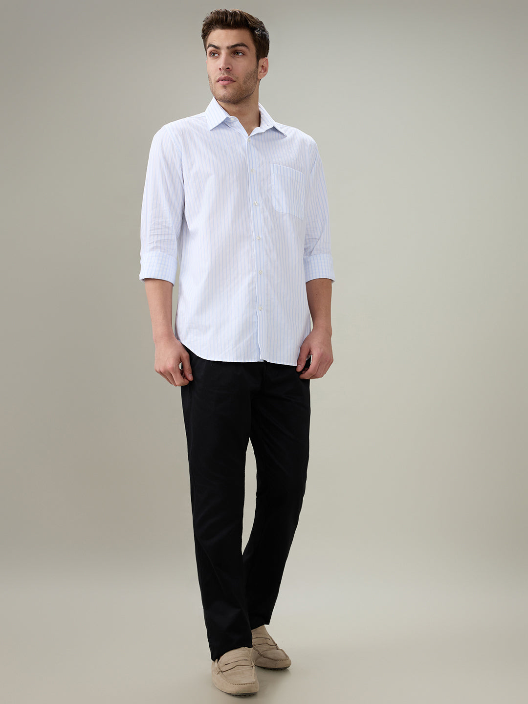 Raymond Men Blue Stripe Regular Fit Cotton Full Sleeve Formal Shirt