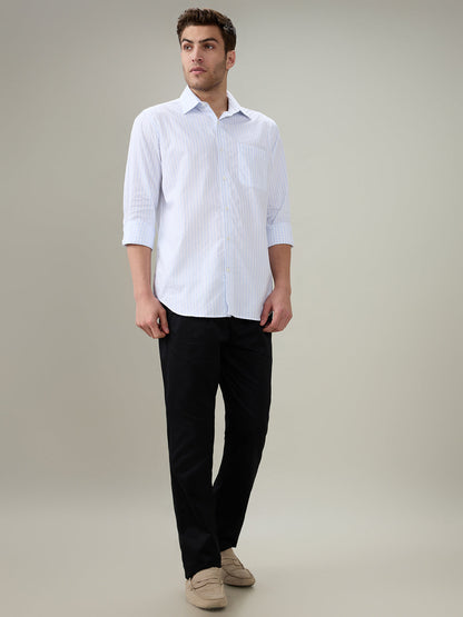 Raymond Men Blue Stripe Regular Fit Cotton Full Sleeve Formal Shirt