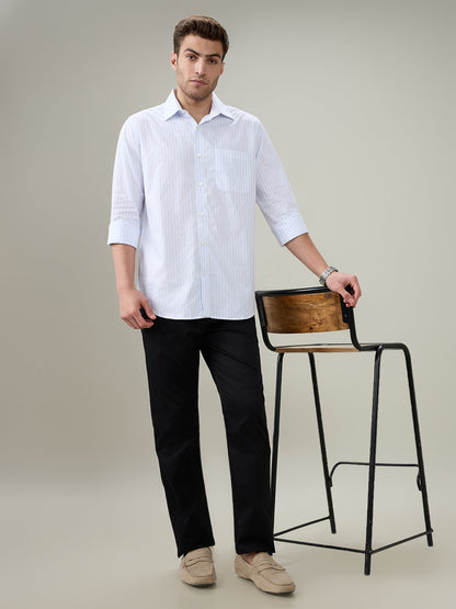 Raymond Men Blue Stripe Regular Fit Cotton Full Sleeve Formal Shirt