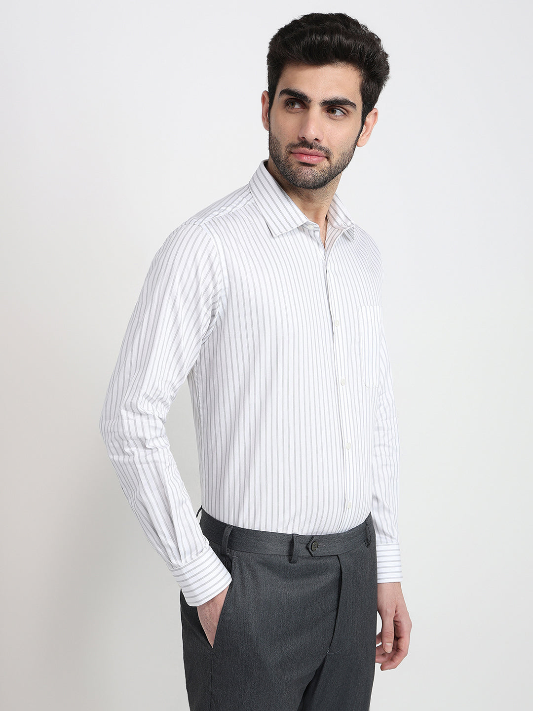 Raymond Men Grey Stripe Regular Fit Cotton Full Sleeve Formal Shirt