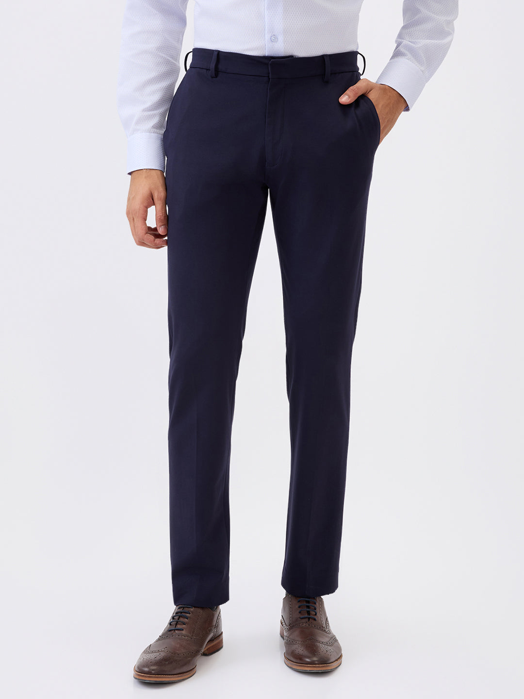 Raymond Men Blue Solid Slim Fit Terry Blend Trouser