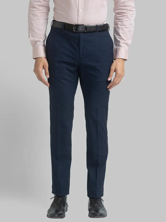 Men Blue Slim Fit Checks Terylene Rayon Spandex Blend Trouser