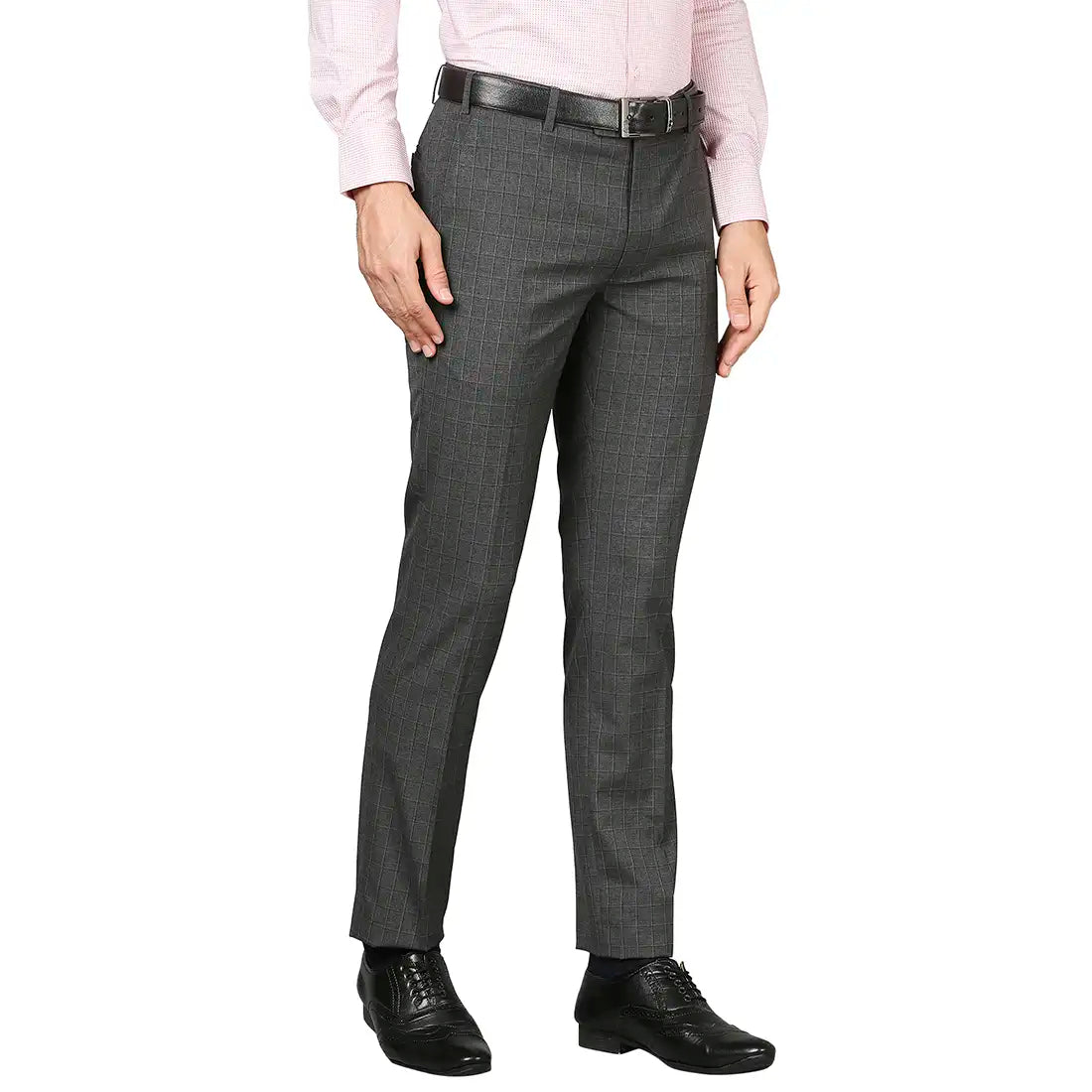Men Grey Slim Fit Checks Polyester Blend Trouser