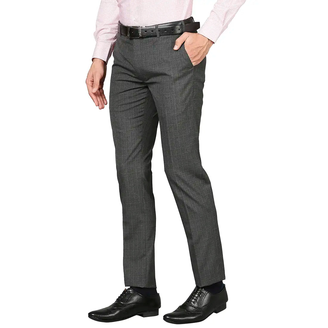 Men Grey Slim Fit Checks Polyester Blend Trouser