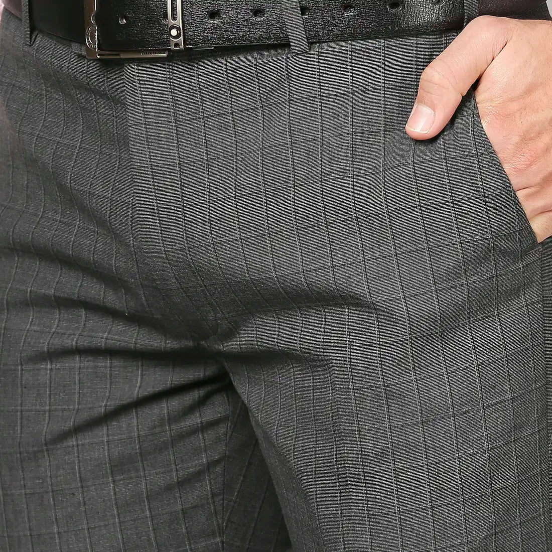Men Grey Slim Fit Checks Polyester Blend Trouser