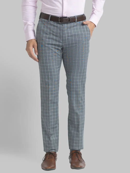 Men Grey Slim Fit Checks Polyester Blend Trouser