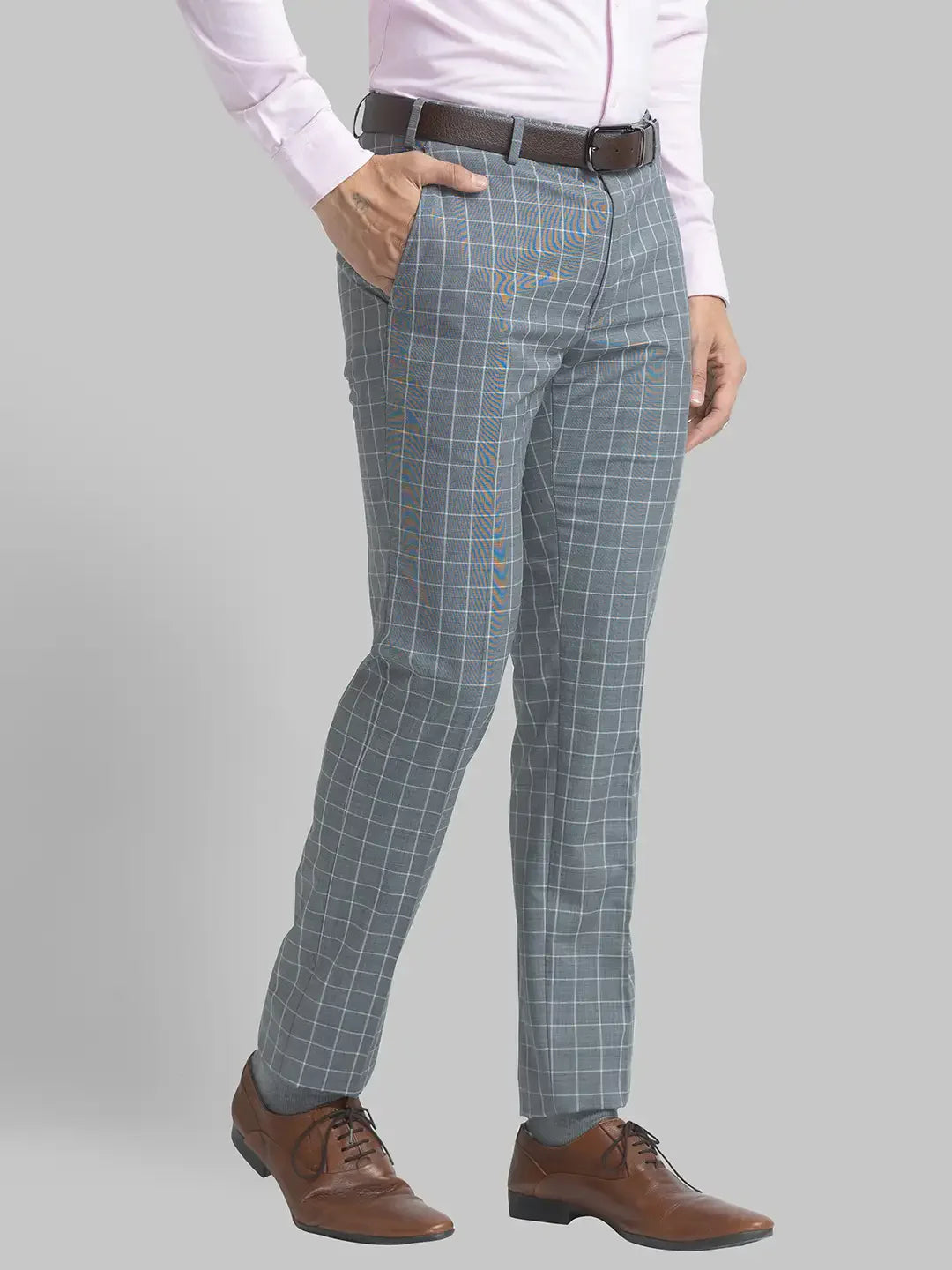 Men Grey Slim Fit Checks Polyester Blend Trouser