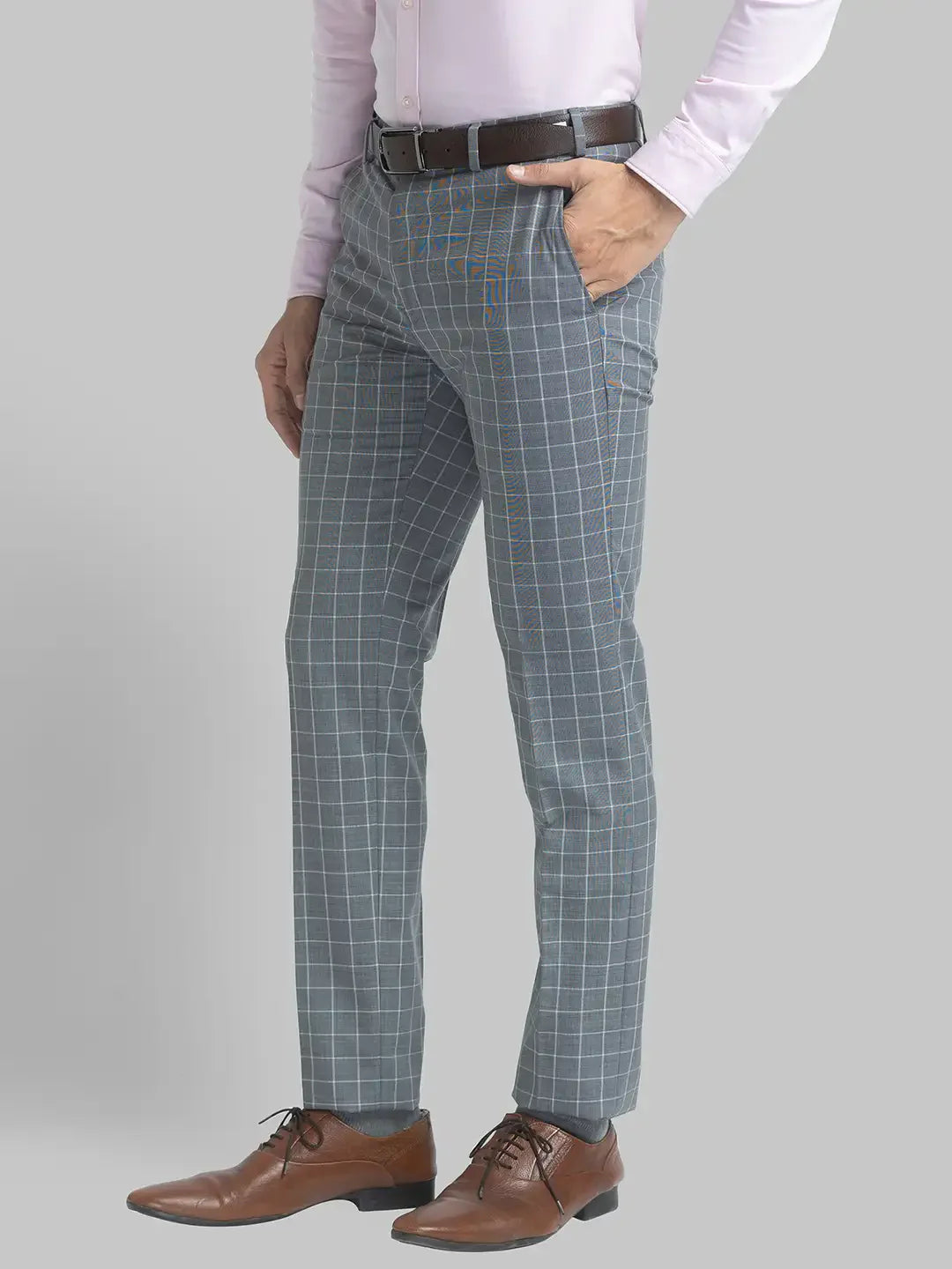 Men Grey Slim Fit Checks Polyester Blend Trouser