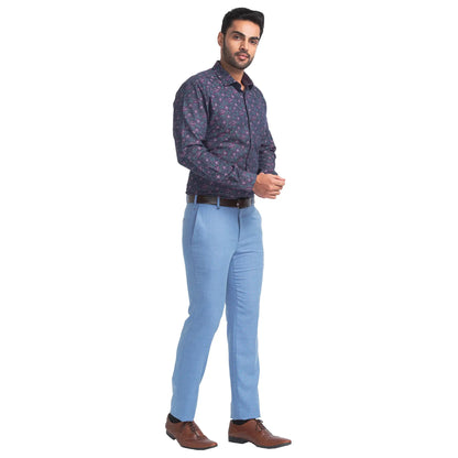 Men Blue Slim Fit Structure Polyester Blend Trouser