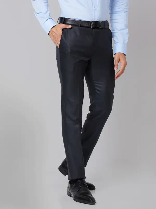 Men Blue Slim Fit Structure Polyester Trouser