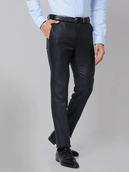 Men Blue Slim Fit Structure Polyester Trouser