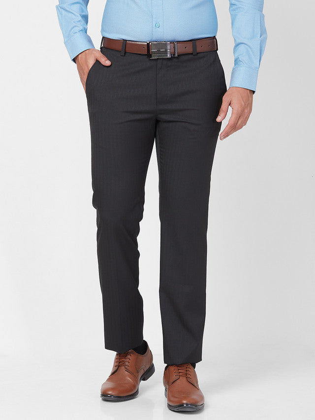 Raymond Men Black Stripe Slim Fit Polyester Blend Trouser