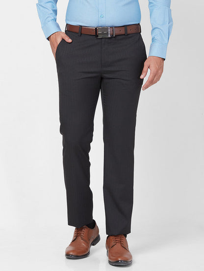 Raymond Men Black Stripe Slim Fit Polyester Blend Trouser