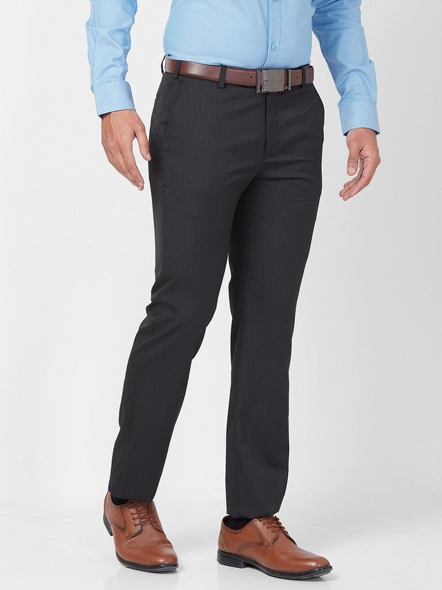 Raymond Men Black Stripe Slim Fit Polyester Blend Trouser