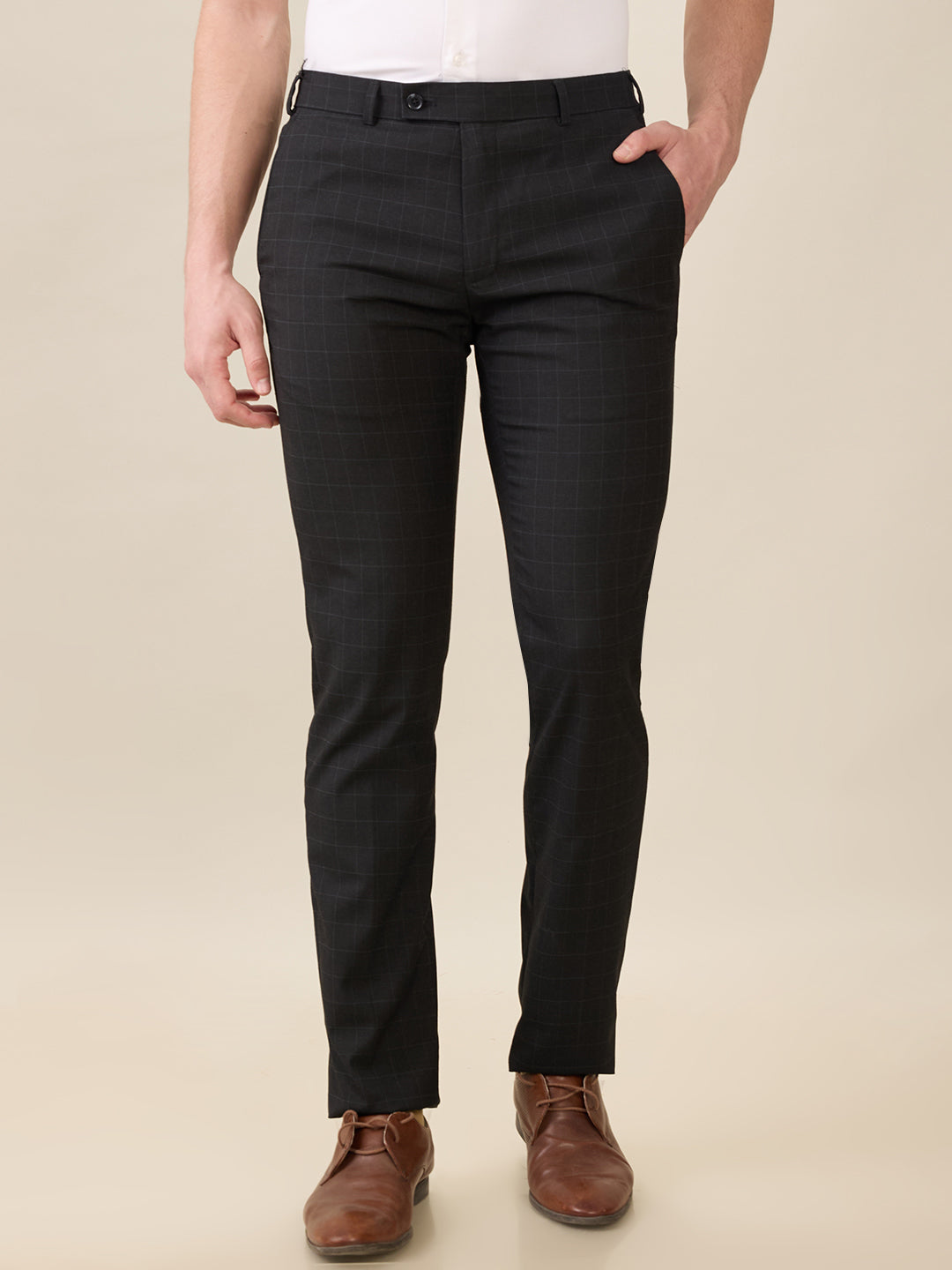 Raymond Men Black Checks Slim Fit Polyester Blend Trouser