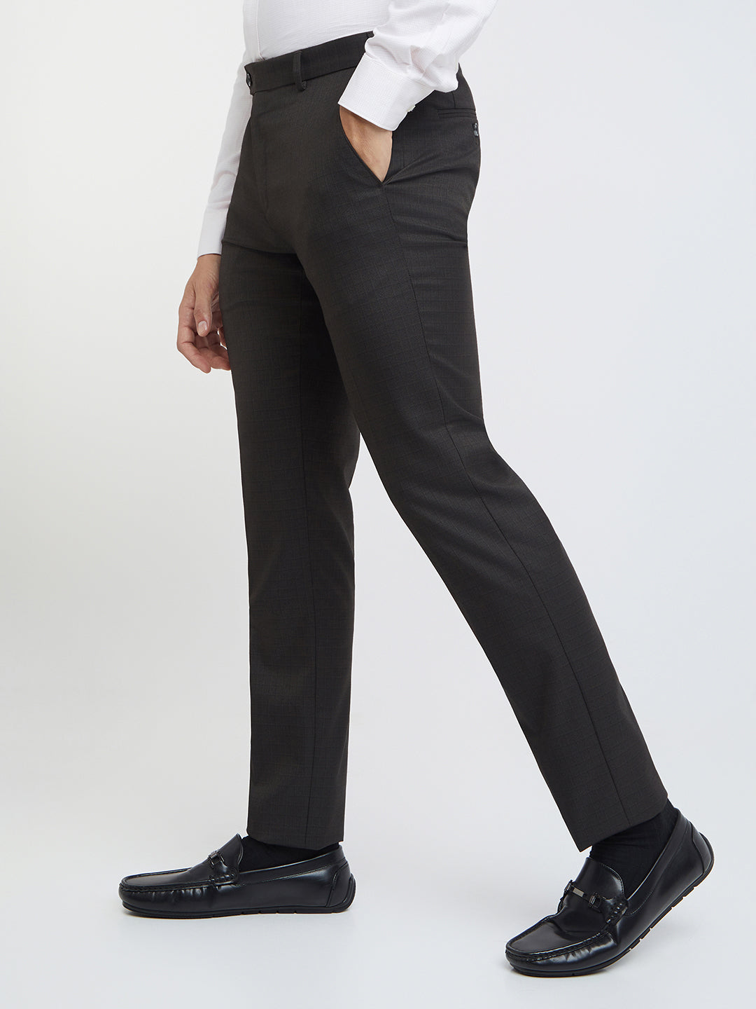 Raymond Men Brown Checks Slim Fit Polyester Blend Trouser