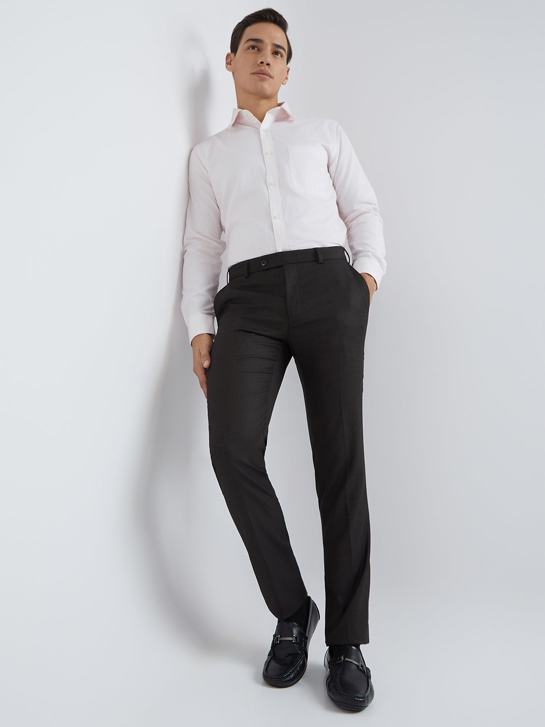 Raymond Men Brown Checks Slim Fit Polyester Blend Trouser