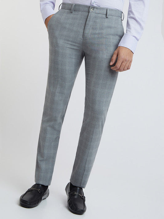 Raymond Grey Checks Slim Fit Polyester Blend Trouser