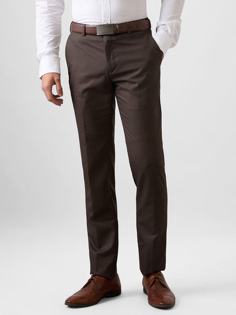 Raymond Men Brown Checks Slim Fit Polyester Blend Trouser