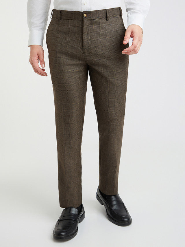 Raymond Men Brown Checks Slim Fit Polyester Blend Trouser