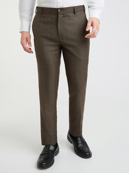 Raymond Men Brown Checks Slim Fit Polyester Blend Trouser
