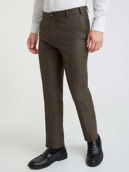 Raymond Men Brown Checks Slim Fit Polyester Blend Trouser