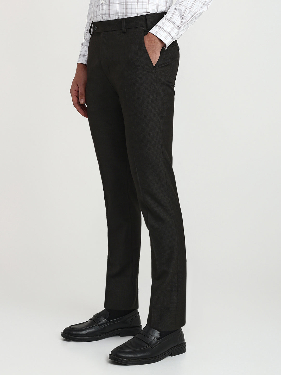 Raymond Men Brown Checks Slim Fit Polyester Blend Trouser