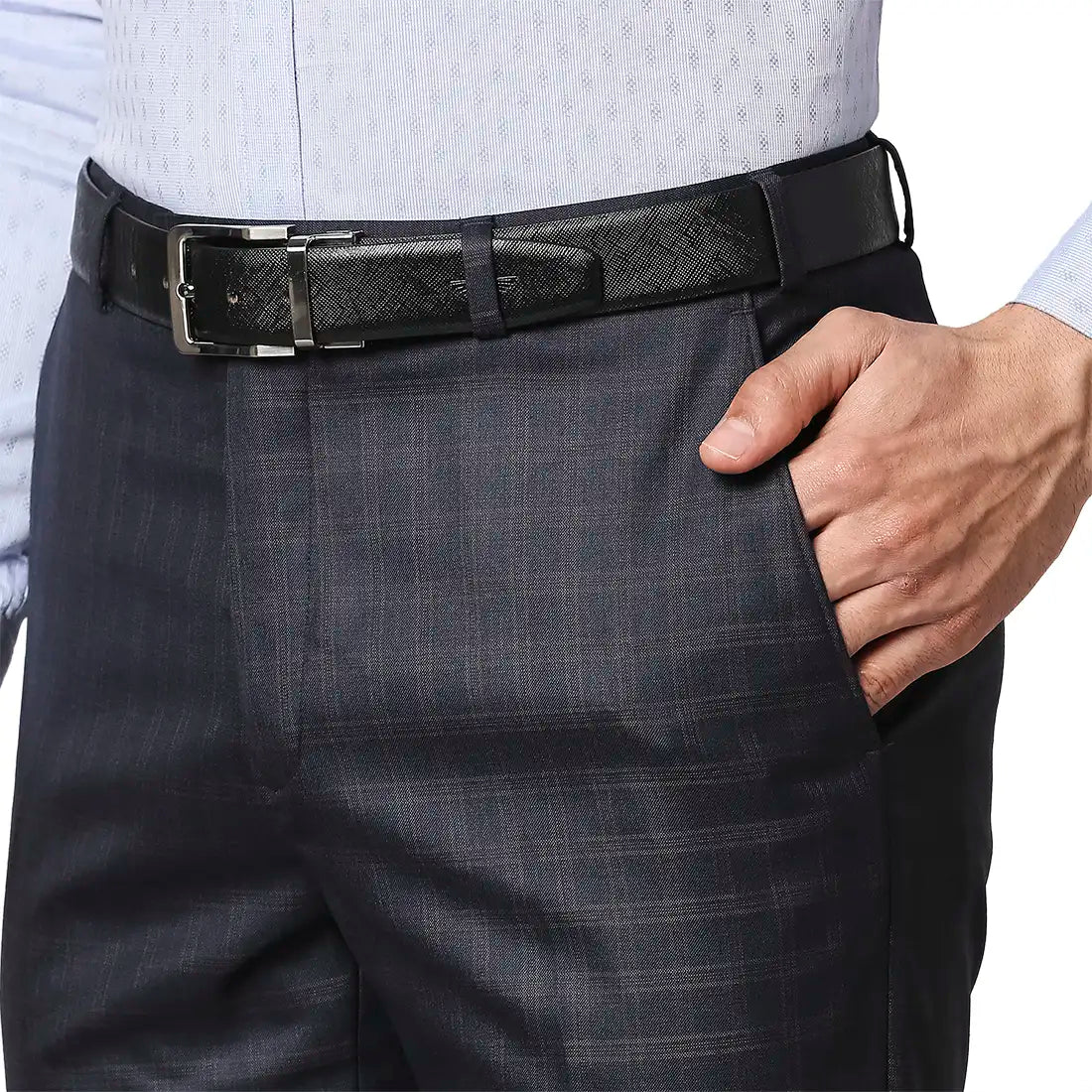 Men Blue Contemporary Fit Checks Polyester Blend Trouser