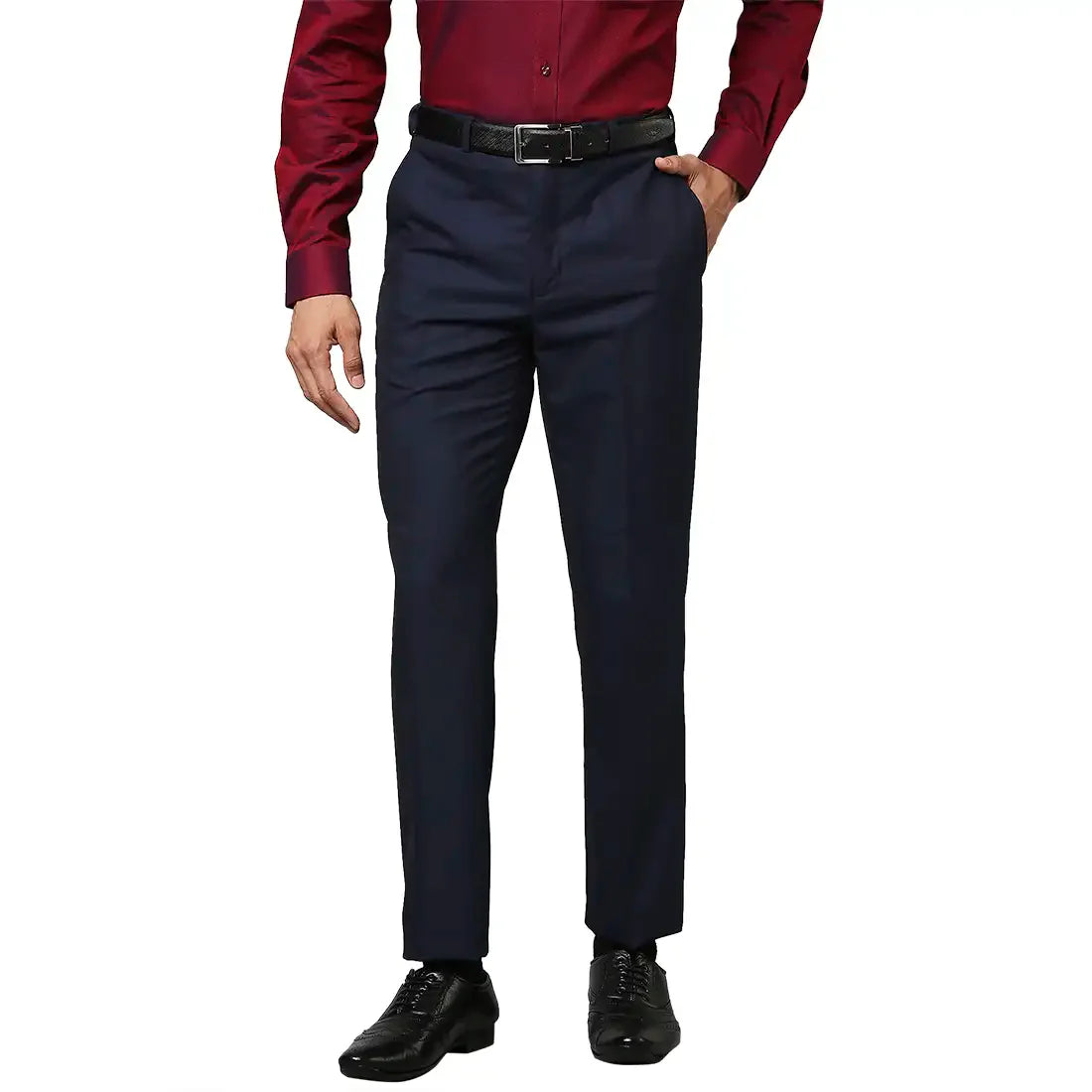 Men Blue Contemporary Fit Structure Polyester Blend Trouser