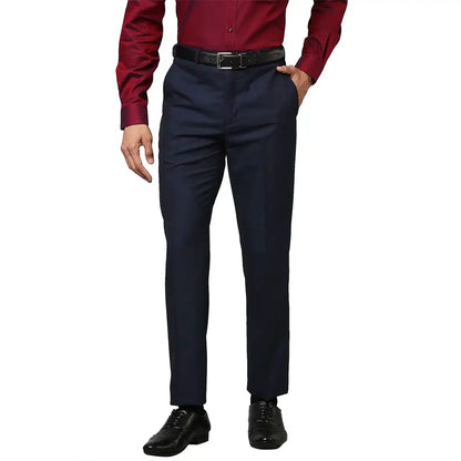 Men Blue Contemporary Fit Structure Polyester Blend Trouser