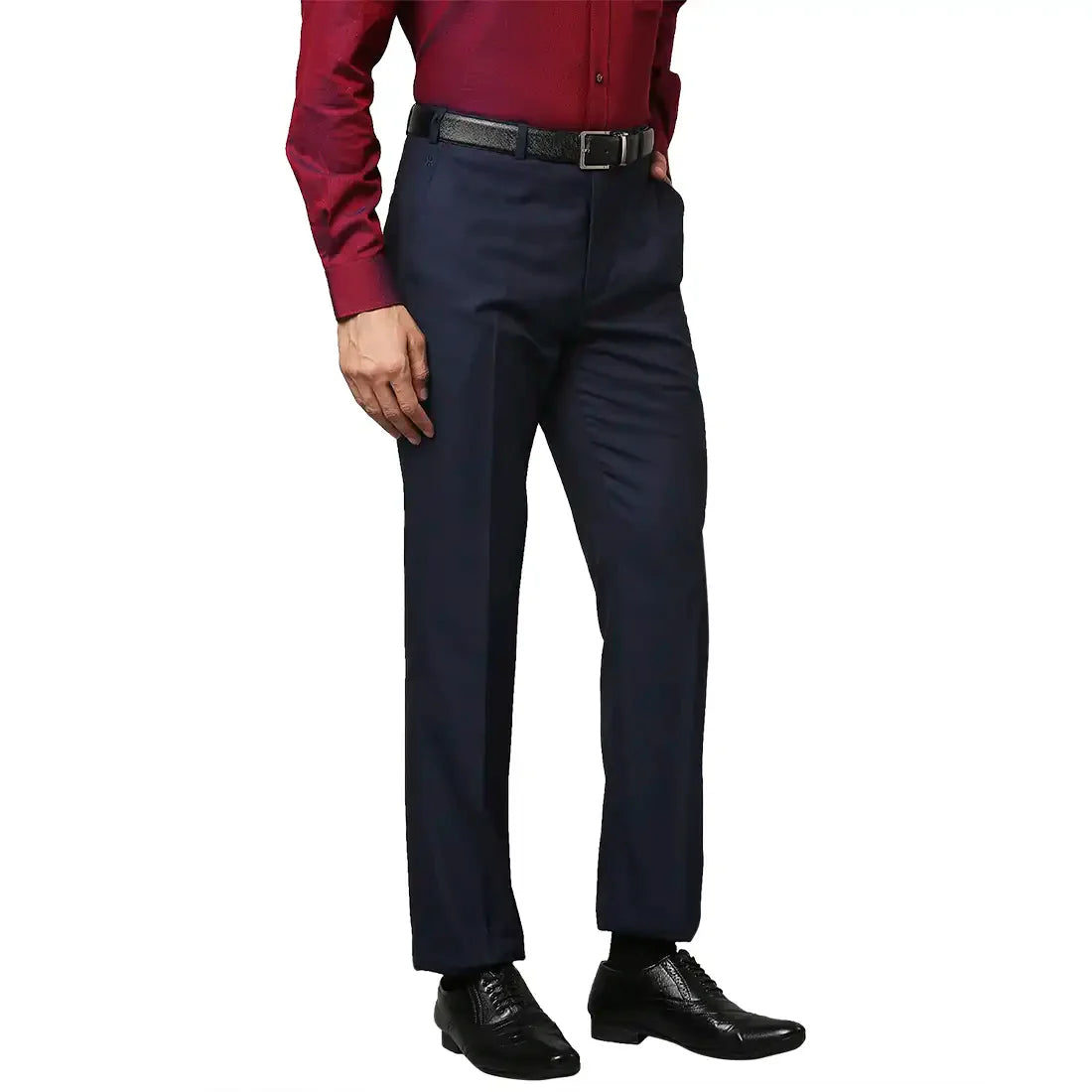 Men Blue Contemporary Fit Structure Polyester Blend Trouser