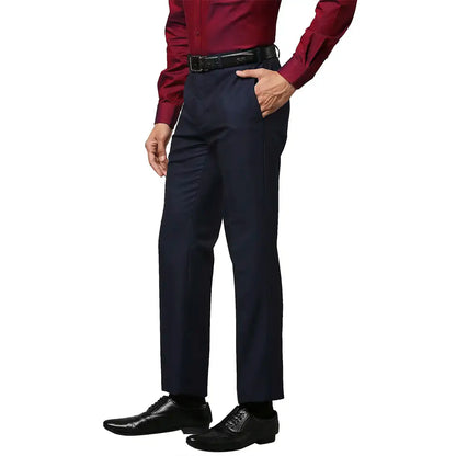 Men Blue Contemporary Fit Structure Polyester Blend Trouser
