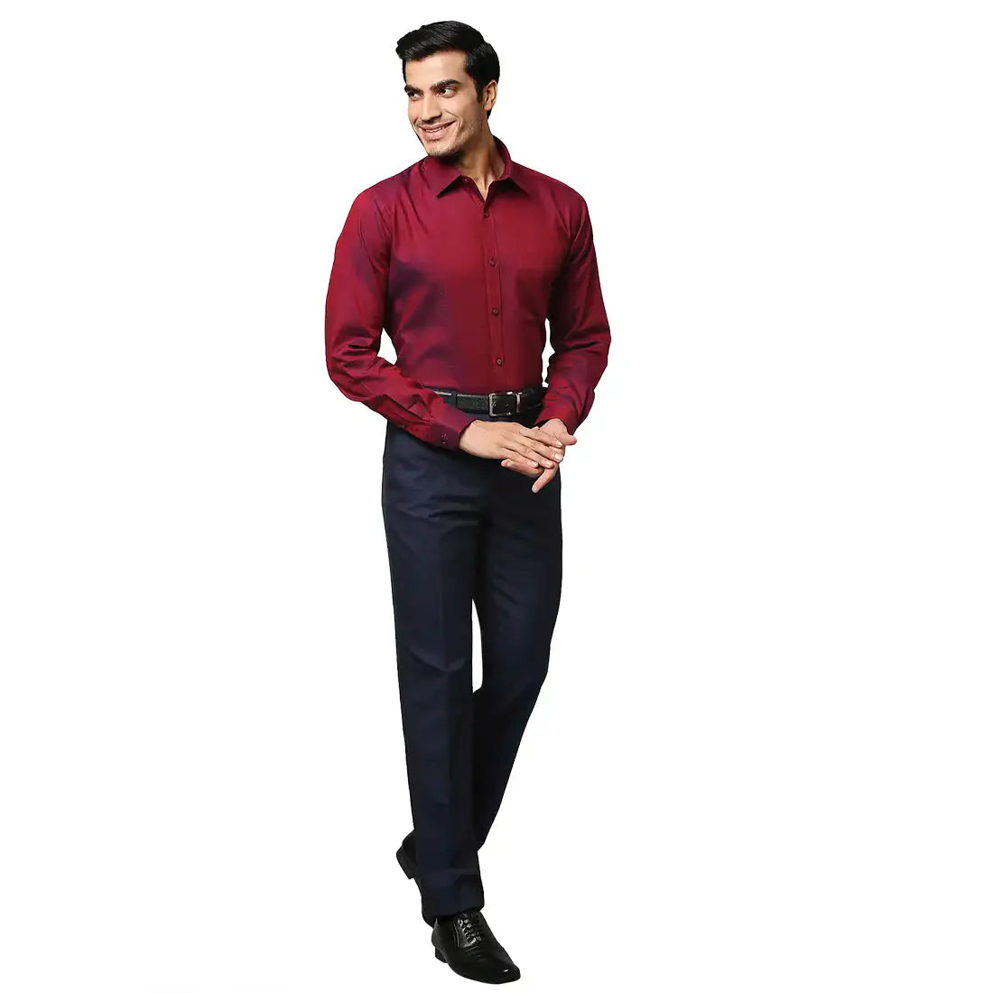 Men Blue Contemporary Fit Structure Polyester Blend Trouser