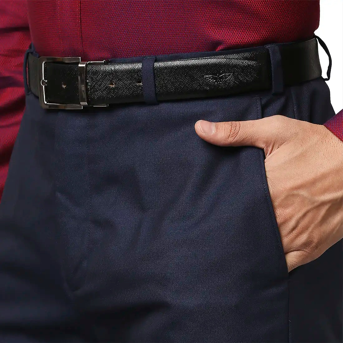 Men Blue Contemporary Fit Structure Polyester Blend Trouser