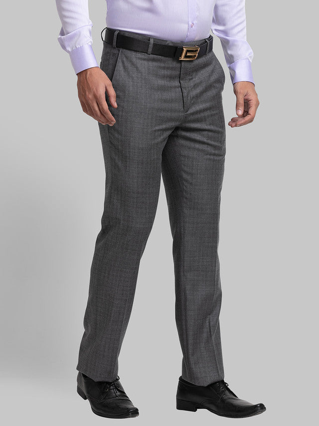 Raymond Grey Checks Contemporary Fit Polyester Blend Trouser