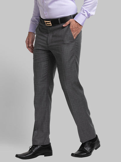 Raymond Grey Checks Contemporary Fit Polyester Blend Trouser