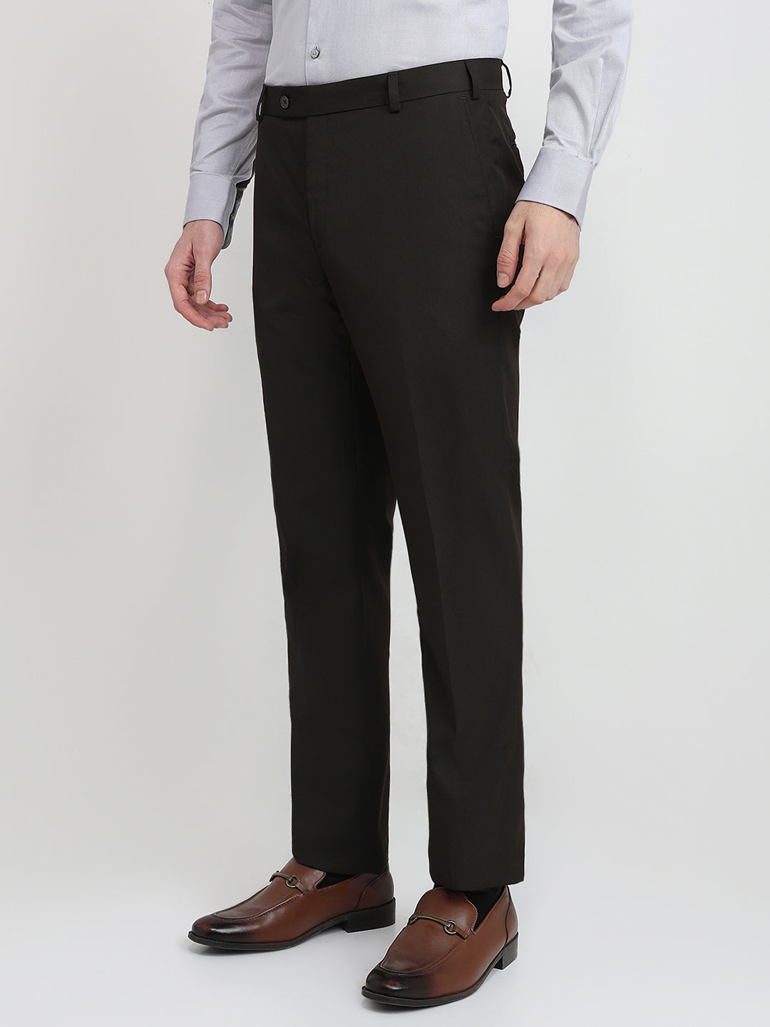 Raymond Men Brown Solid Contemporary Fit Polyester Blend Trouser
