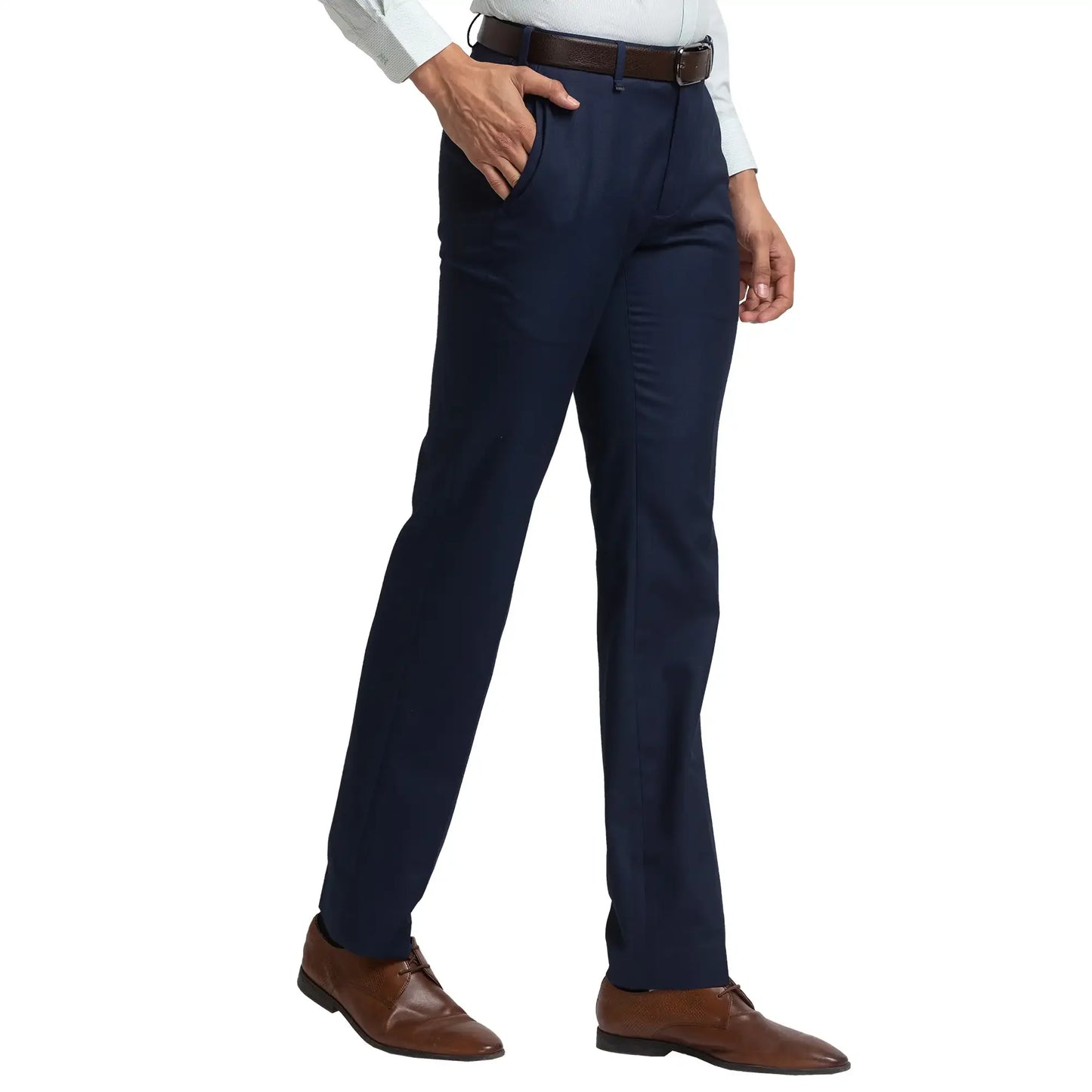 Men Blue Contemporary Fit Solid Polyester Blend Trouser